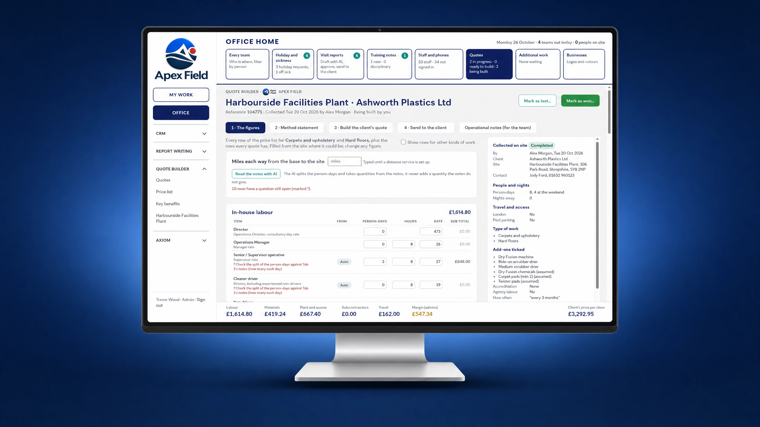 A desktop monitor showing an Apex Field quote being built: in-house labour, materials, plant and access, travel and margin, with the client's price shown