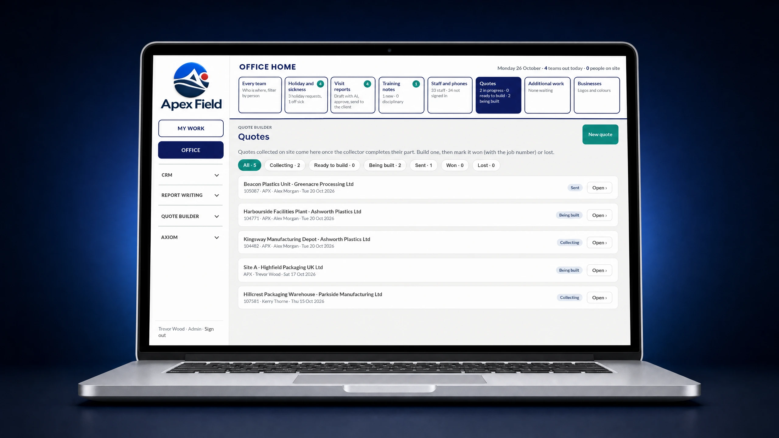 A laptop showing the Apex Field quote builder: quotes listed as collecting, being built, sent, won or lost