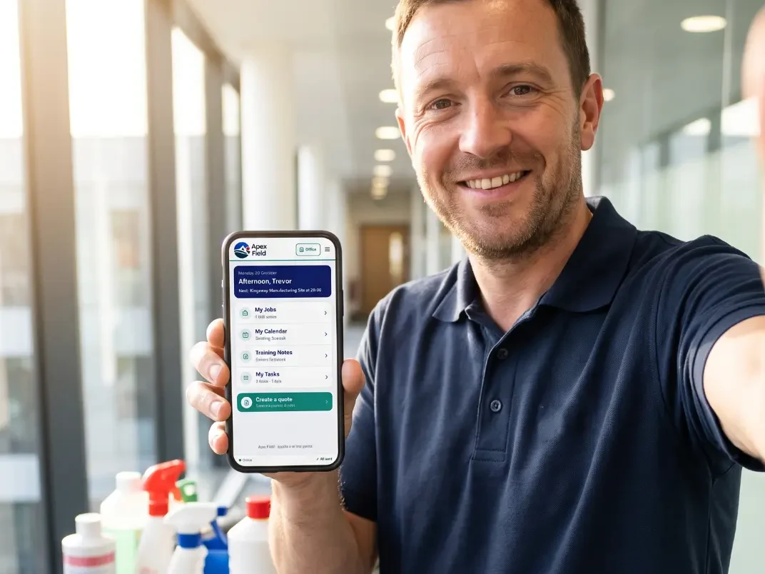 A cleaning supervisor in an office corridor holding up a phone showing the Apex Field app, with a stocked cleaning trolley beside him