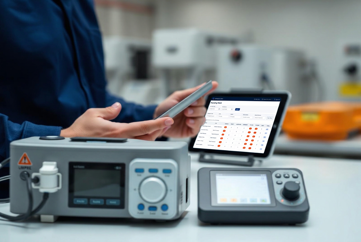 Engineer checking the live Dinsdale Apex Pending Work dashboard on a tablet beside medical test equipment