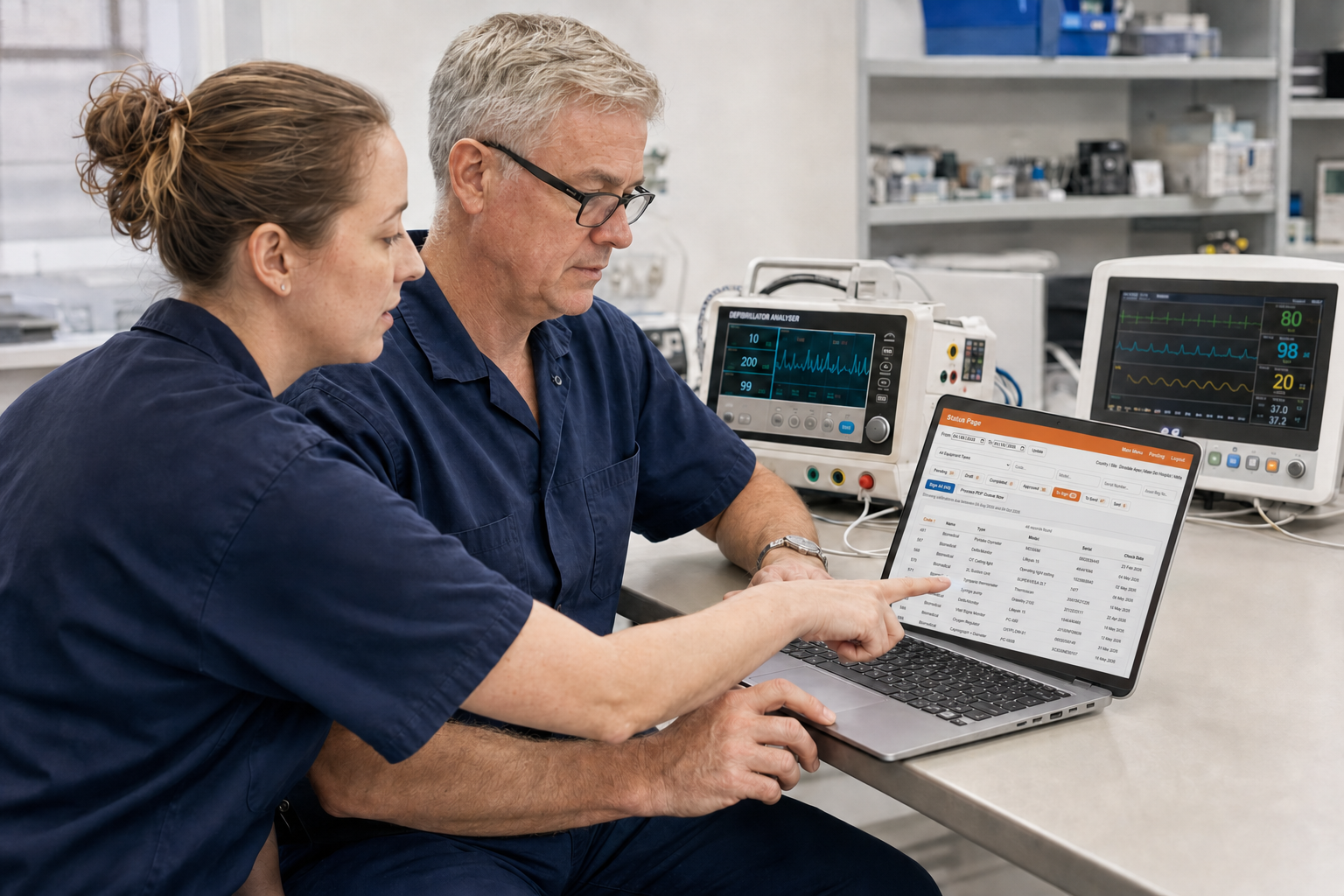 Biomedical engineering colleagues reviewing equipment records awaiting signature in Dinsdale Apex