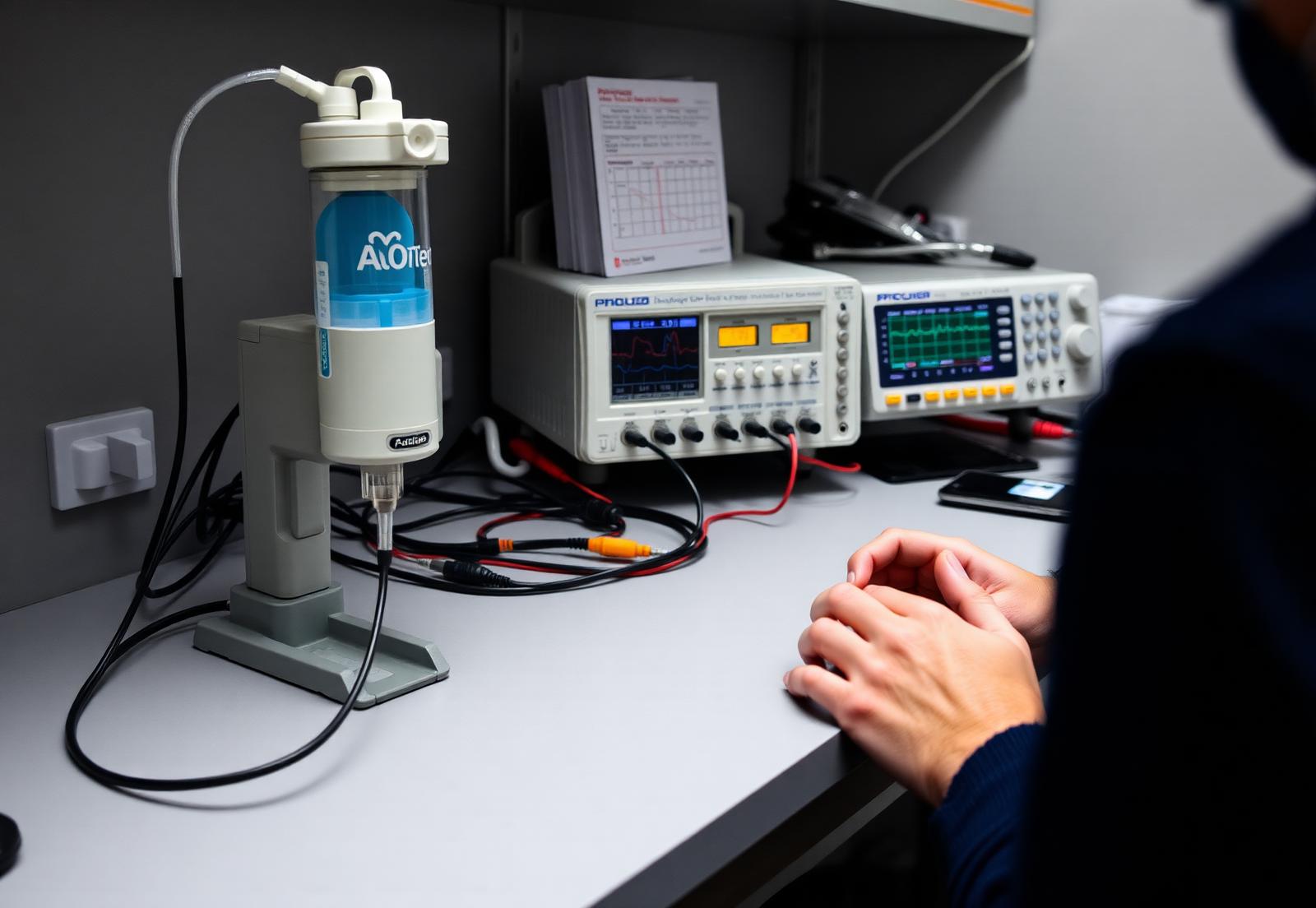 Medical equipment undergoing inspection and calibration in a biomedical engineering workshop