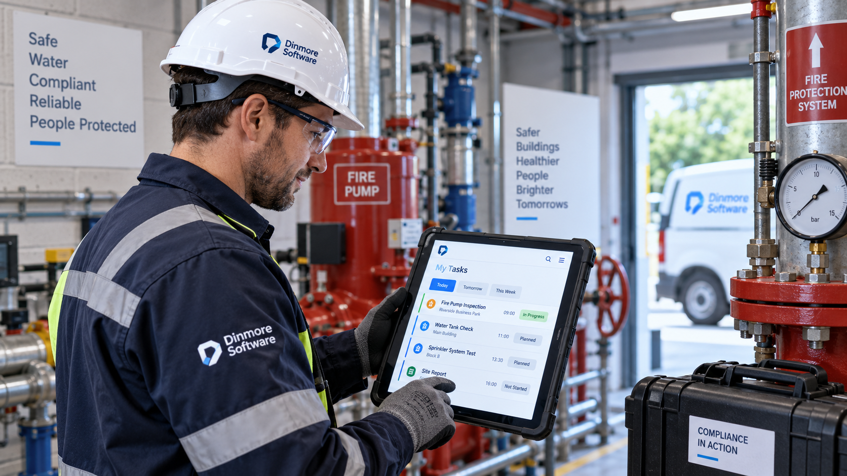 Engineer in a Dinmore Software hard hat working through today's inspection tasks on a rugged tablet in a plant room with fire pump and water hygiene equipment