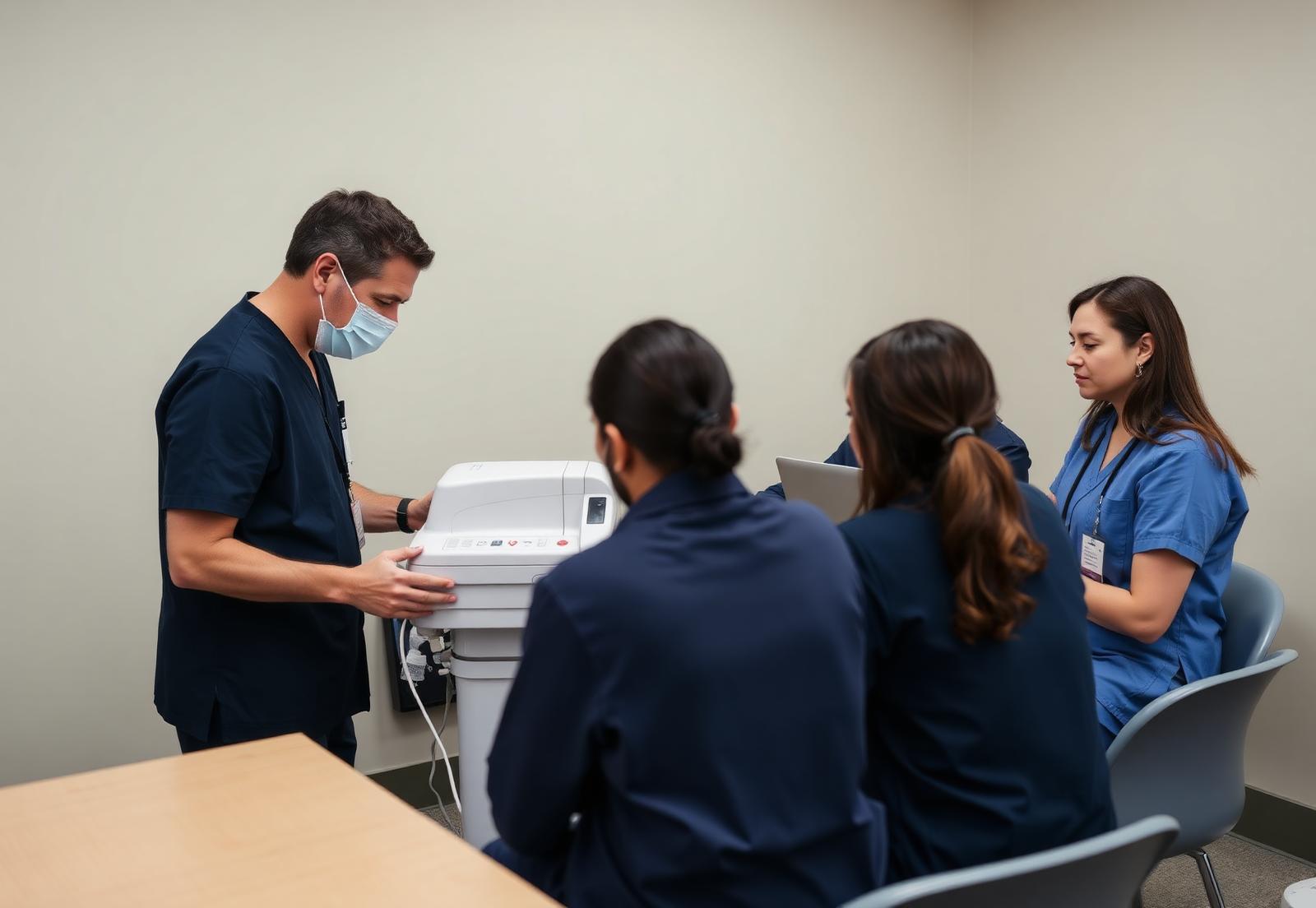 Instructor delivering practical equipment training to healthcare staff